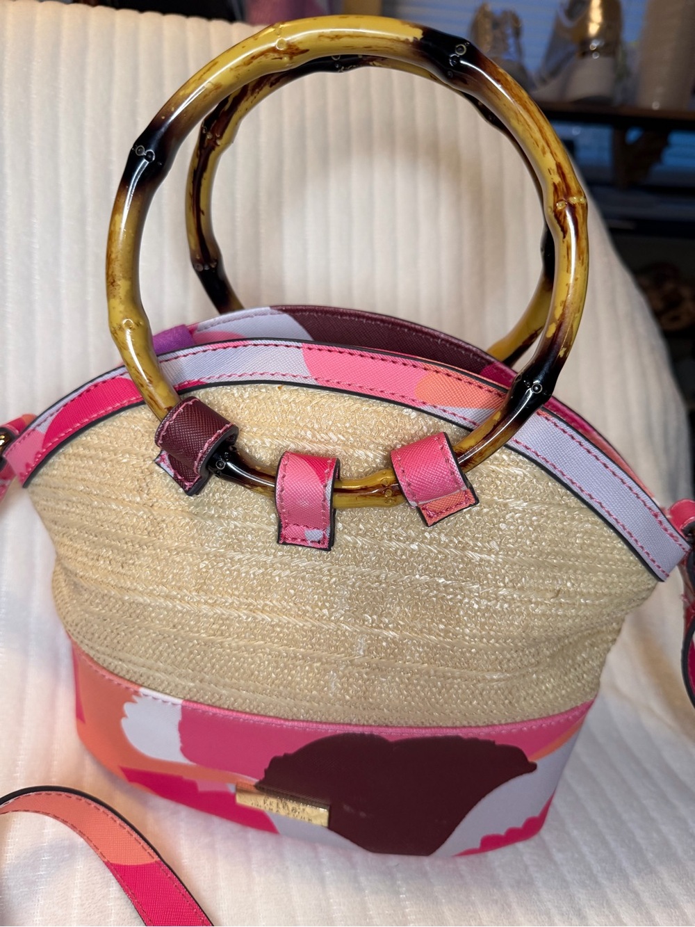 Trina Turk Rainbow Petals Floral Straw Crossbody Bag w/ Bamboo Handles